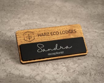 Custom Magnetic Name Badge – Oak Wood & Matte Black Acrylic | Personalised Hotel Name Tag