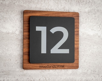Modern Walnut & Black Acrylic Hotel Room Number Sign – Custom Acrylic Door Plaque
