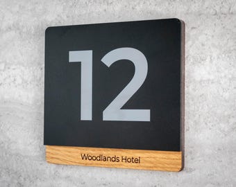 Square Custom Oak & Black Acrylic Hotel Room Number Sign