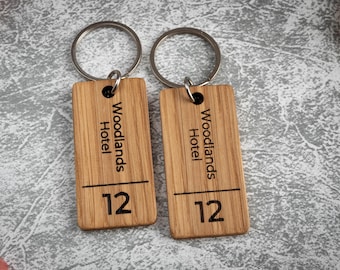 Engraved Oak Wood Hotel Key Tag - Custom Wooden Keychain (60 x 30 mm)
