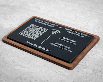 Custom WiFi QR Code Plaque in Walnut | Guest Network Sign for Hotels & Airbnb