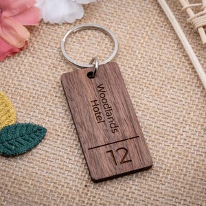 Custom Engraved Walnut Hotel Key Fob: Personalized Motel Keychain