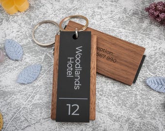 Personalized Hotel Keychain: Engraved Wooden Key Fob with Room Number