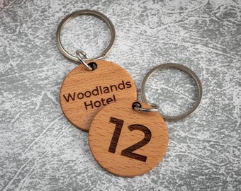 Personalised Round Beech Wood Hotel Keychain – Custom Engraved Wooden Key Fob for Hotels & Guesthouses