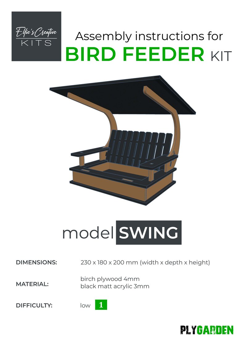 Vogelvoederset, Swing-model gemaakt van zwart mat acryl en berkenmultiplex met palissanderbeits. Ideaal als handgemaakt cadeau. afbeelding 10