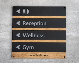 Hotel Directional Sign – Oak & Black Acrylic Wayfinding Wall Sign