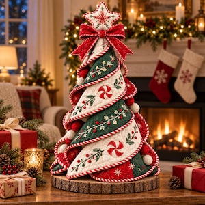 May include: A quilted fabric Christmas tree decoration featuring alternating green and white spiral layers. The tree is adorned with embroidered red berries, peppermint candy motifs, and small pom-poms, topped with a star and a large red bow.