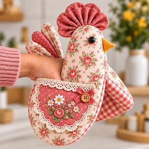 Puede incluir: Un guante de cocina de tela con forma de gallina, con base color crema y estampado floral rosa. Incluye un ala de cuadros vichy rojos y blancos, un bolsillo con borde de encaje festoneado con margaritas bordadas, un botón de madera y un pico amarillo.