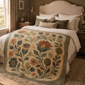 May include: A cream-colored quilt featuring a large-scale floral pattern with muted orange, blue, and green botanical motifs. The quilt has a scalloped border in a soft blue-green hue and intricate stitching throughout the fabric surface.