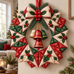 Könnte beinhalten: Ein gesteppter Stoff-Weihnachtskranz mit geometrischem Sternmuster in Rot, Grün und Creme. Der Kranz ist mit einer großen cremefarbenen Schleife, roten Beerenclustern, grünen Tannenzweigen und vier hängenden Glocken in Rot, Grün und Creme verziert.