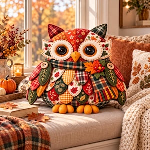 May include: A plush owl decoration crafted from various fabric patches in autumn colors including red, orange, yellow, and green. The owl features large black button eyes, a yellow beak, a plaid scarf, and felt leaf accents with small buttons.