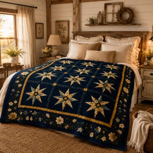 May include: A dark navy blue quilt featuring a repeating pattern of large, multi-pointed stars in shades of yellow, blue, and white. The quilt is bordered by a yellow band and a floral vine motif with white and blue flowers on a dark background.