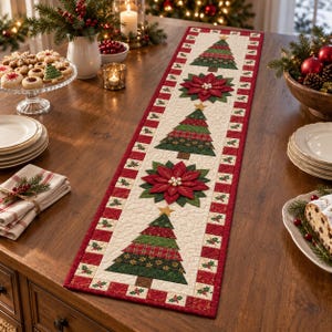 Christmas Table Runner Quilt Pattern PDF, Layered Poinsettia & Tree Design