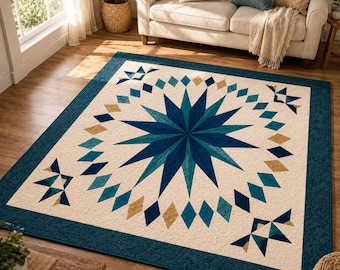 Patrón de colcha Compass Horizon Medallion en PDF, patchwork geométrico moderno, diseño de colcha en blanco y negro, descarga digital ideal para principiantes.