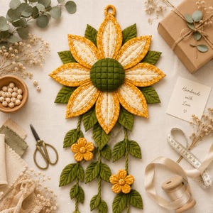 May include: A quilted sunflower wall hanging featuring a dark green center, yellow patterned petals, and green fabric leaves. Two smaller yellow flowers hang from green stems below. A small card reads Handmade with Love.