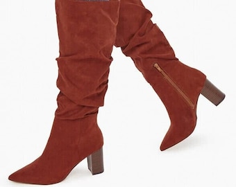 Womens Ladies Slouched Heeled Boots Faux Suede Pointed Toe Zip Up Uk Shoes