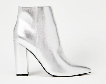 Womens Ladies Silver Faux Leather Block High Heeled Zip Up Ankle Uk Boots