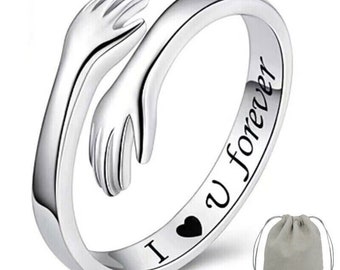 925 Sterling Silver Love Hug Ring Band Open Finger Adjustable Womens Jewellery (I Love u Forever)