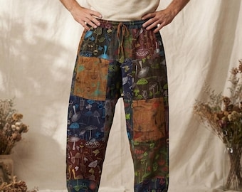 Unisex Handmade Hippie Style Ethnic Mushroom Print Pants Patchwork Harem Pants W/ Pockets Ethnic Stonewashed Cotton Festival Pants Plus Size
