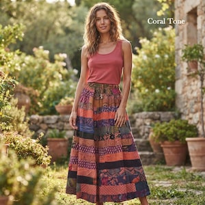 Women's Handmade Cotton Boho Patchwork Ethnic Tiered Long Skirt