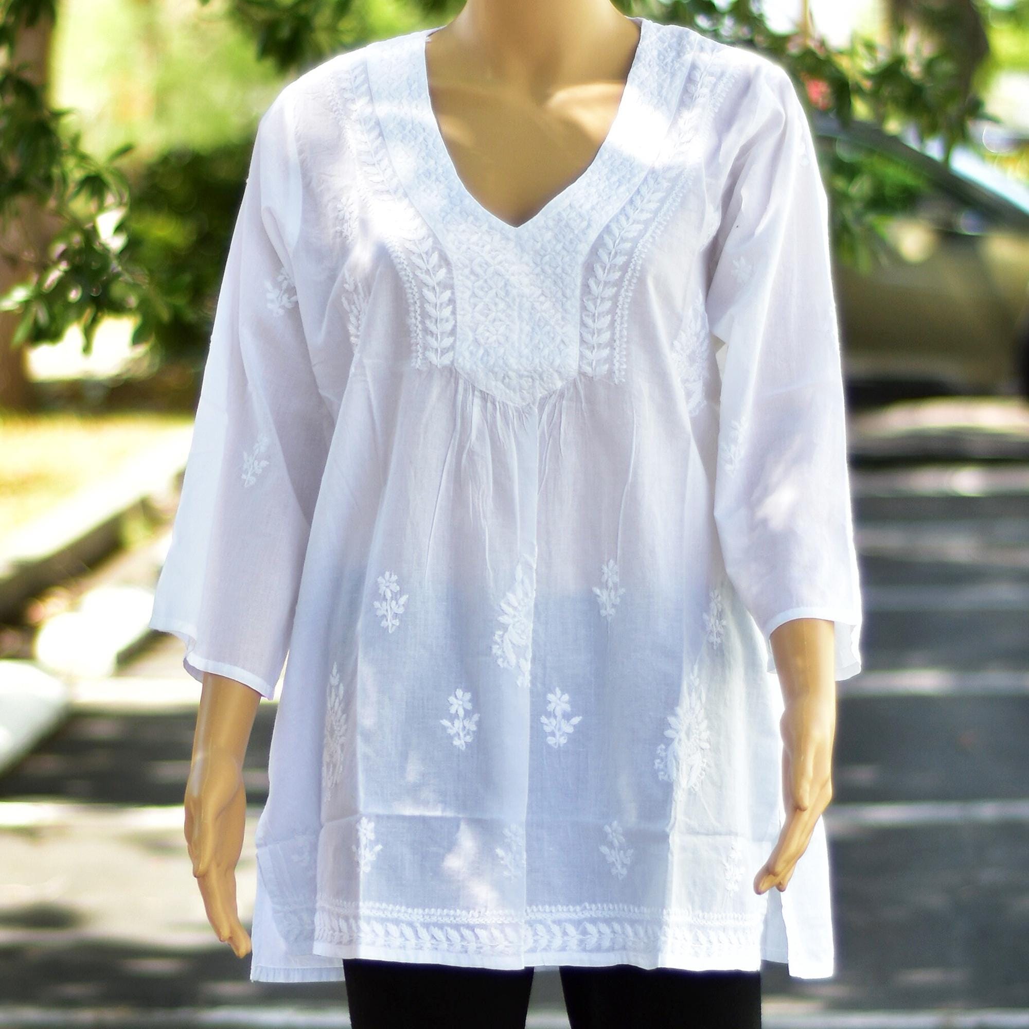 Hand Embroidered Ethnic India Pure White Cotton 3/4" Sleeve V-Neck Boho 70s Tunic Plus size White Blouse