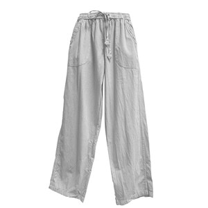 May include: Light gray wide-leg pants with a drawstring waist and two front pockets. The casual pants are made of a lightweight fabric, suitable for warm weather. The pants have a relaxed fit and a simple, minimalist design.