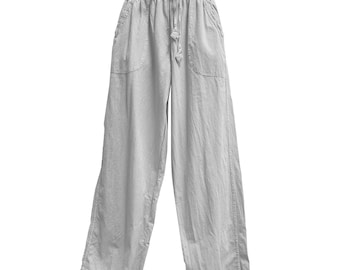 May include: Light gray wide-leg pants with a drawstring waist and two front pockets. The casual pants are made of a lightweight fabric, suitable for warm weather. The pants have a relaxed fit and a simple, minimalist design.