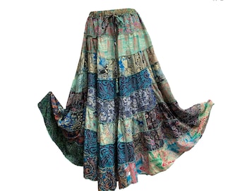 Bohemian Handmade Seven-Tiered Ruffled Recycled Sari Fabric Patchwork Festival Retro Fairy Skirt