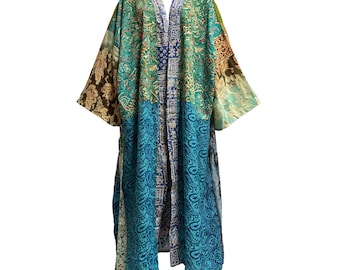 Peignoir kimono vintage en patchwork de sari fait main (taille standard/grande taille)