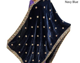 May include: A navy blue velvet shawl featuring an intricate gold embroidered border and scattered gold floral motifs across the fabric. The text #1 Navy Blue is visible in the upper right corner of the image, indicating the colour of the garment.