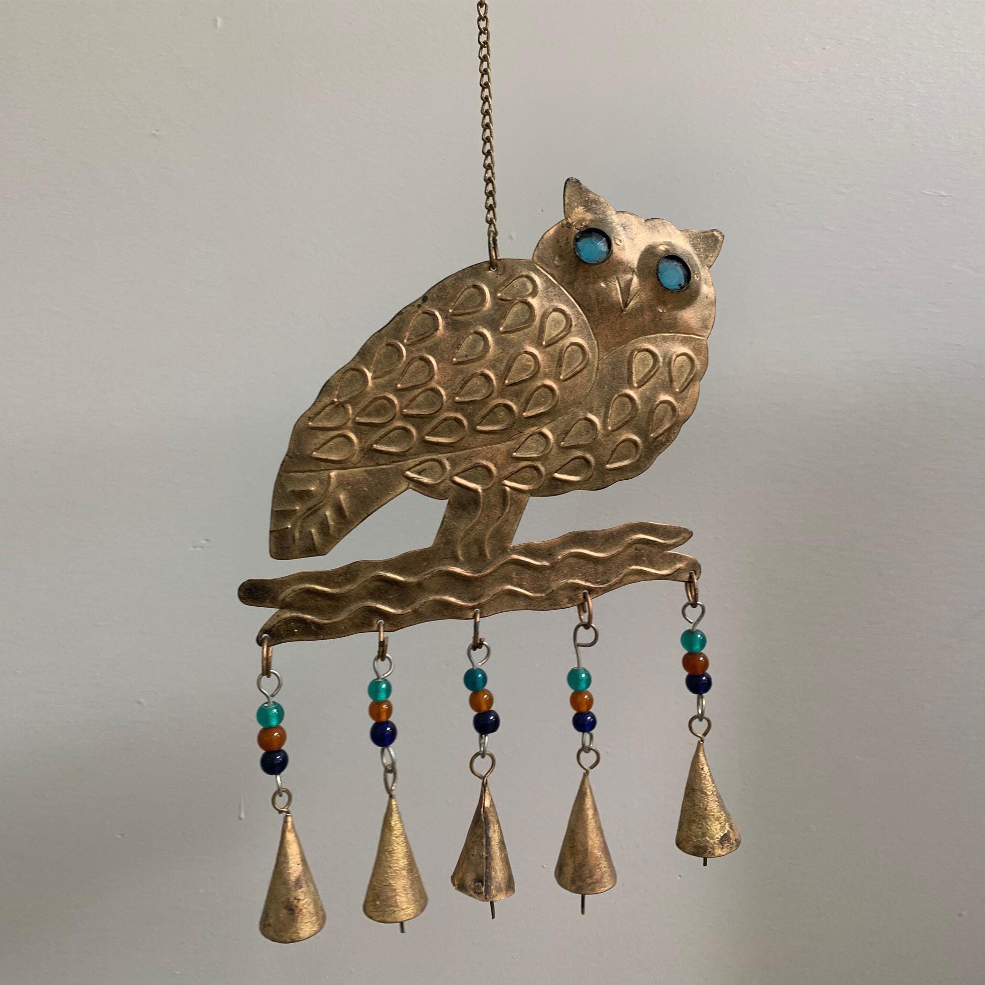 Handmade Decorative Beaded Brass Rustic Bell Vintage Owl Wind Chime
