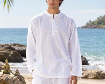 Herren-Kurta-Hemd mit Stehkragen, bestickt, Boho-Stil, langen Ärmeln und lockerer Passform aus Baumwollgaze (Normal-/Übergröße)