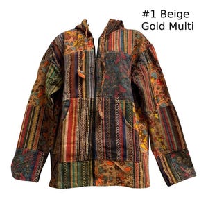 May include: A beige, gold, and multi-colored patchwork hooded jacket with a zipper closure. The jacket has a variety of patterns, including stripes, floral designs, and geometric shapes. #1 Beige Gold Multi