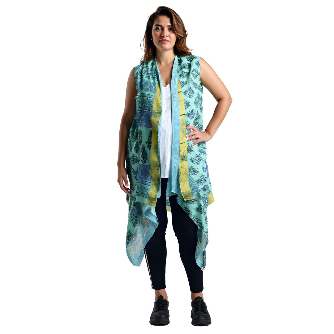 Boho Fashion Silk Saree Patchwork Open Front Reversible Printed Vest Cardigan Duster Jacket