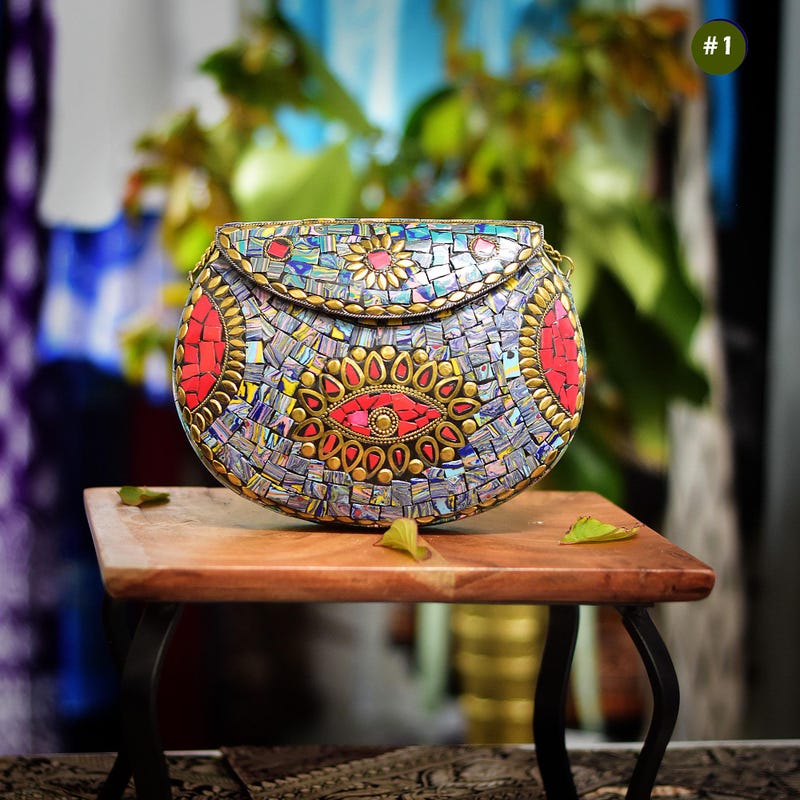 White - Handmade Vintage Metal & Mosaic Stone Clutch / Sling Bag 04
