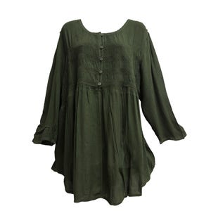 May include: Dark olive green tunic top with long sleeves and a round neckline. The top has a button-down front and a gathered detail on the bodice. The fabric looks lightweight and flowing, suitable for casual wear.