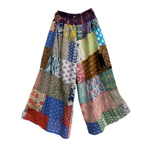 Boho Hippie Multicolor Patchwork Ethnic Wide Leg Trouser Cotton Palazzo With Two Pockets Plus Size Women's Pants Assorted