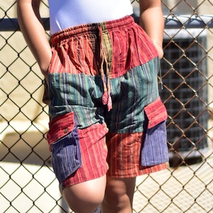 Men&#39;s Ethnic Print Stonewashed Cotton Patchwork Cargo Shorts