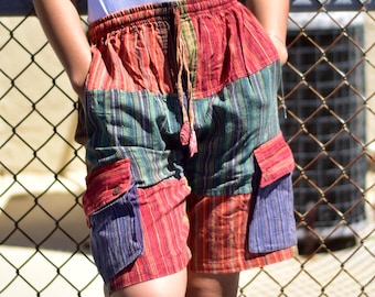 Men's Ethnic Print Stonewashed Cotton Patchwork Unisex Cargo Shorts (Regular/Plus Size)