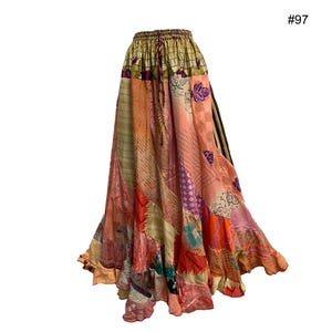Boho Handmade Fair Trade Indian Vintage Recycled Silk Sari Ruffled Long Patchwork maxi Skirt Plus Size Skirt