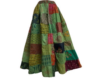 Women&#39;s Handmade Cotton Boho Patchwork Ethnic Tiered Long Skirt