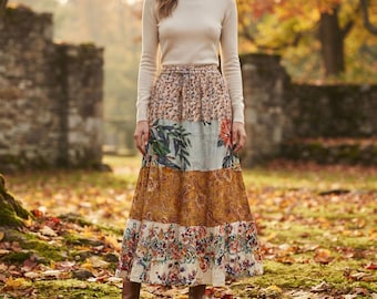 Puede incluir: Un suéter de cuello alto color crema de manga larga combinado con una falda larga de capas. La falda presenta un diseño de patchwork con bandas alternas de patrones florales, estampados de cachemira y motivos botánicos en tonos naranja, marrón y crema.