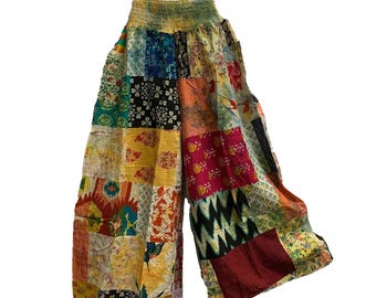 Boho Hippie Multicolor Handmade Recycled Fabric Patchwork Ethnic Wide Leg Trouser Cotton Palazzo With Two Pockets (Regular/Plus ) Assorted .