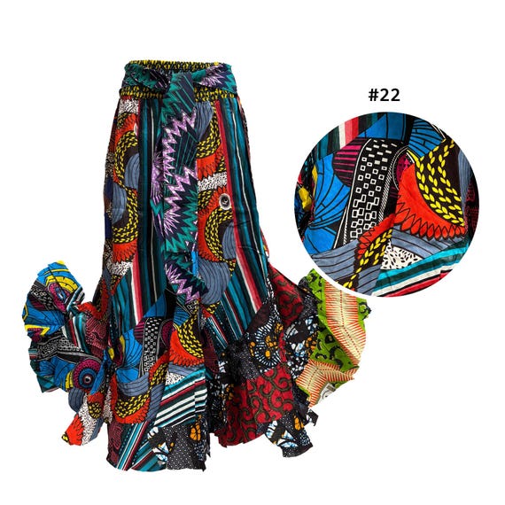 Handmade Wax Cotton Patchwork African Ethnic Tiered Long Ruffled Skirt With Two Pockets (Regular/Plus Size)