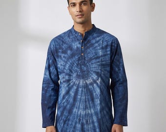 Boho Yoga Baumwoll-Kurta-Tunika-Hemd für Herren in Marineblau mit Batikmuster und Stehkragen (Normal-/Übergrößen)