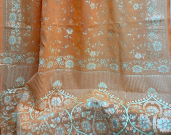 Shimmering Floral Embroidered Peach Colored Indian Saree Sewing Craft Dressmaking Fabric