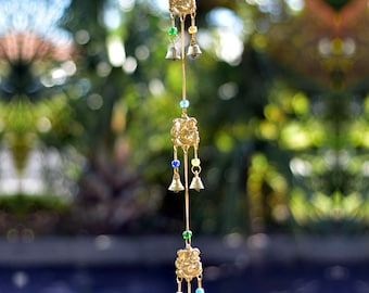 Wind Chime Brass Ganesh Yoga Good Luck 3 Bell Home and Garden Wall Hanging  With Glass Beads Ganesh Bohemian Gift Altar Accessory