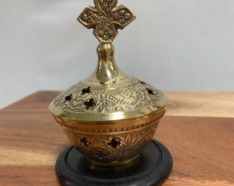 Brass Resin Incense Engraved with Cross Design Greek Orthodox 4&quot; Cone Burner with Wood Coaster