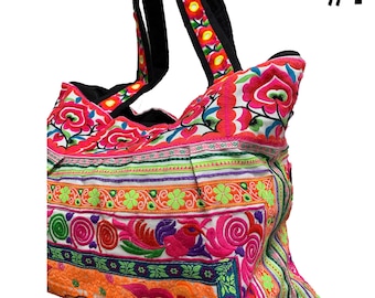 Ethnic Bohemian Hill Tribe Handmade Cotton Embroidered Floral Large Shoulder Tote Bag