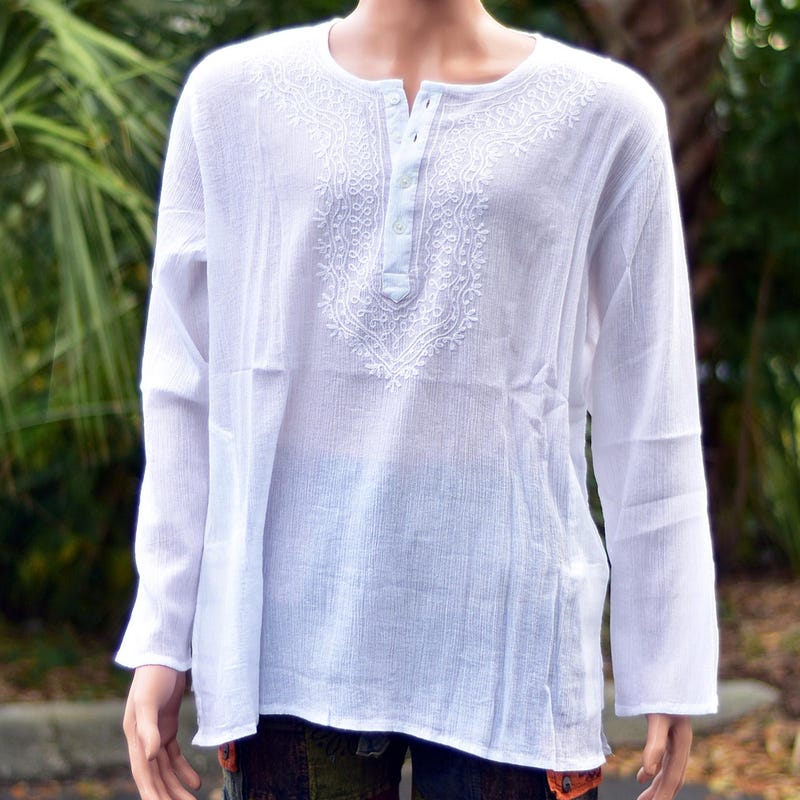 Handcrafted Bohemian Crinkled Cotton Embroidered Unisex Ethnic Kurta Tunic Shirt Mens Cotton Boho Womens Oversized Tunic With Pockets